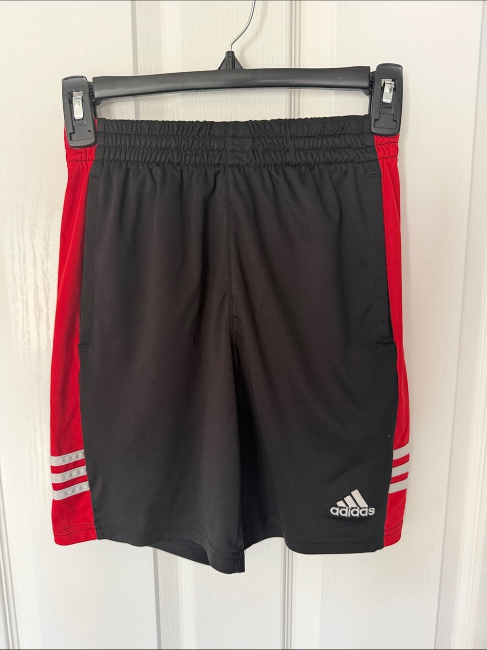 adidas Boy’s Black Athletic Shorts with Red Side Panels